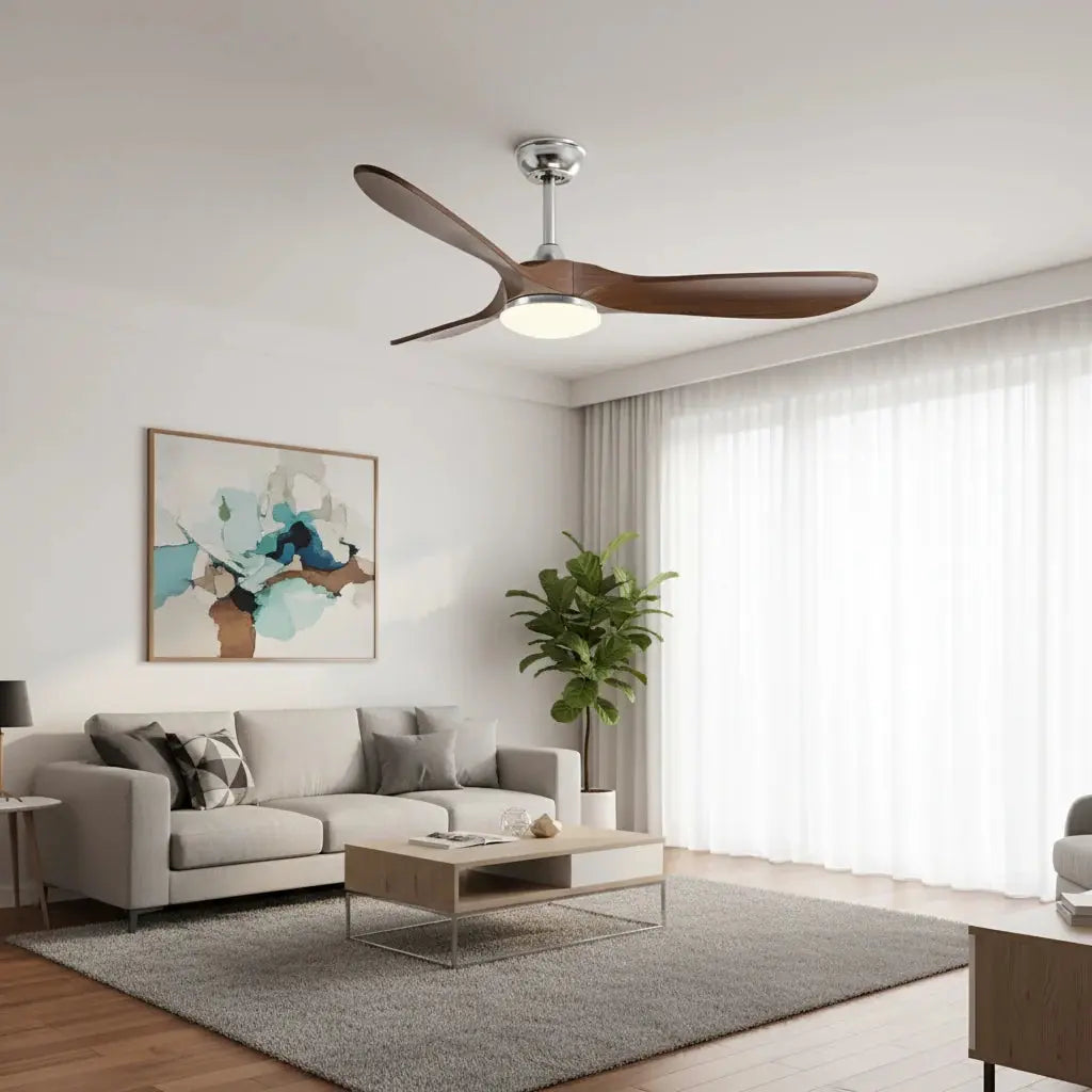 Ventilateur de plafond argenté et bois foncé avec éclairage LED Oléa
