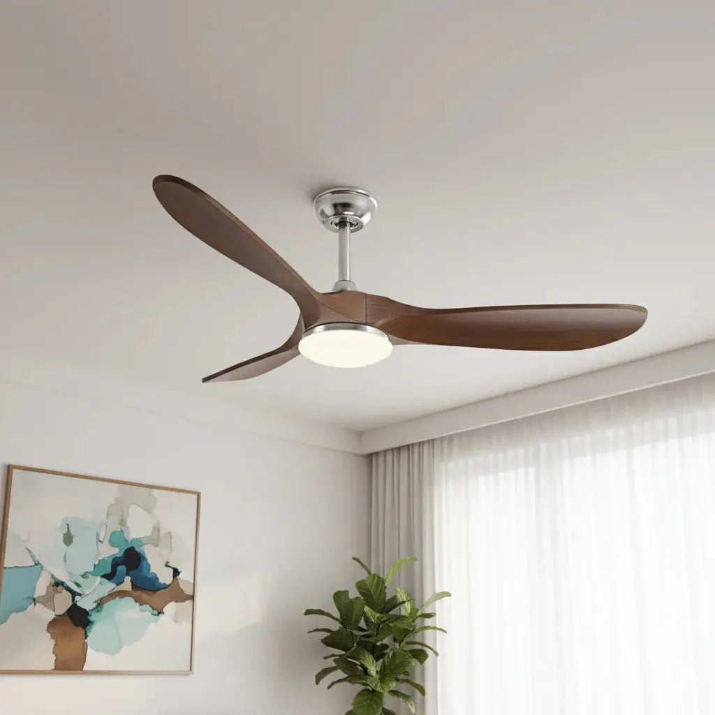 Ventilateur de plafond argenté et bois foncé avec éclairage LED Oléa