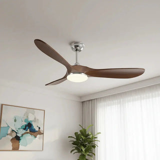 Ventilateur de plafond silencieux argenté et bois foncé avec éclairage LED