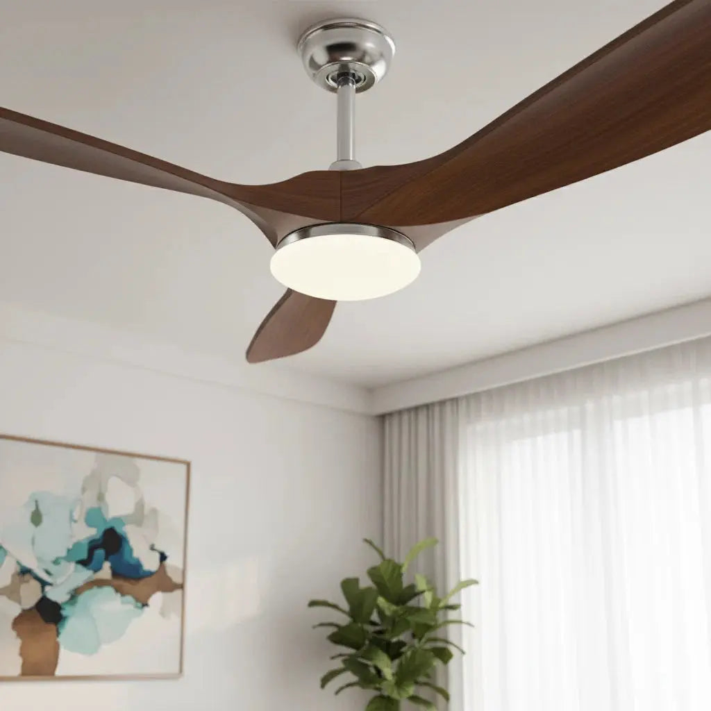 Ventilateur de plafond argenté et bois foncé avec éclairage LED Oléa