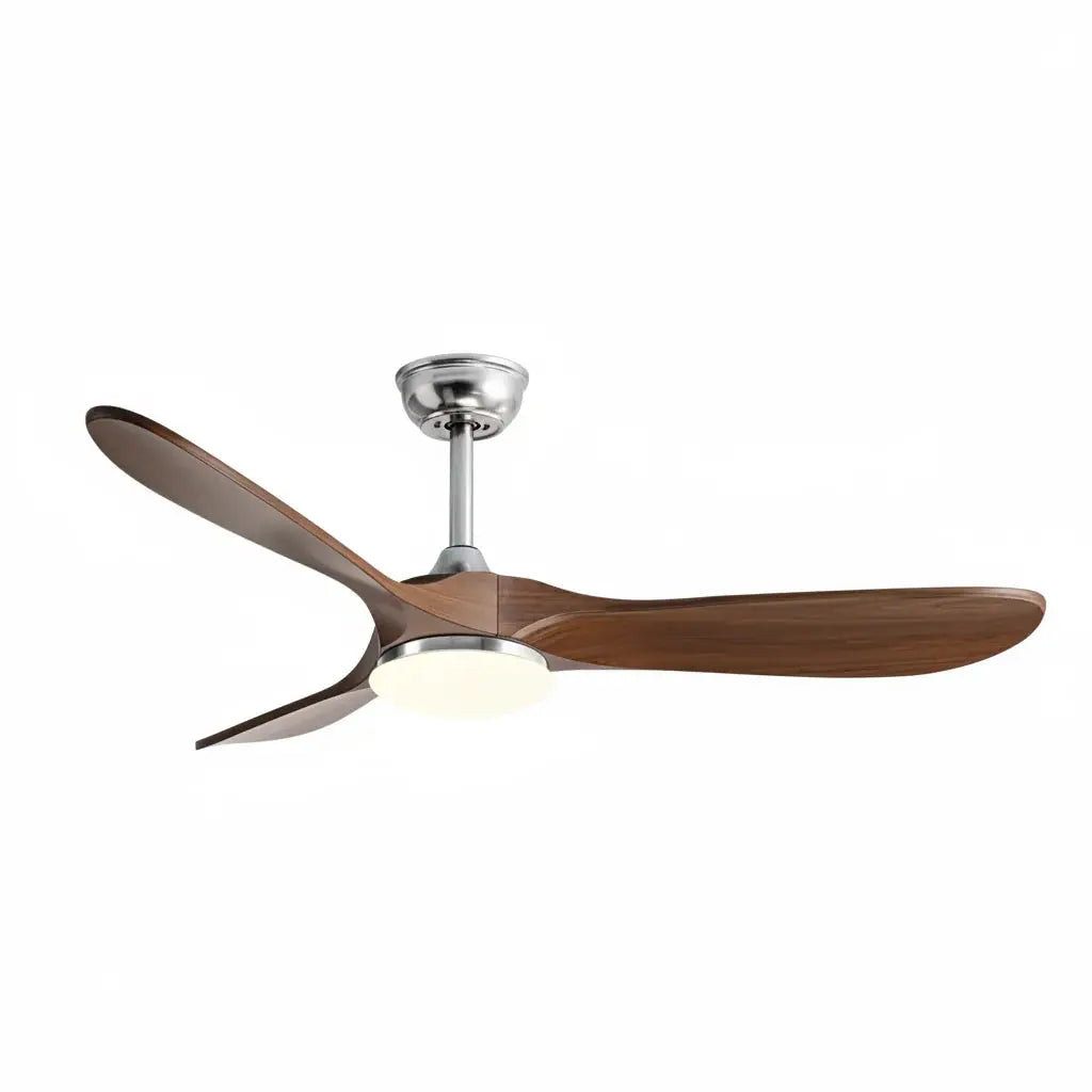 Ventilateur de plafond argenté et bois foncé avec éclairage LED Oléa