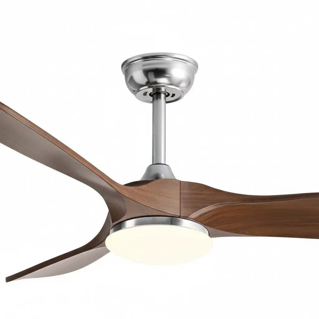 Ventilateur de plafond argenté et bois foncé avec éclairage LED Oléa