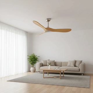 Ventilateur de plafond bois clair argenté silencieux sans éclairage